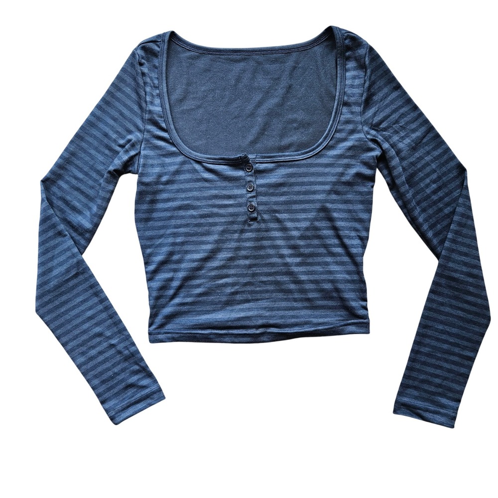 Dazy Womens Small Blue Striped Long Sleeve Henley Scoop Neck Crop Top Shirt S